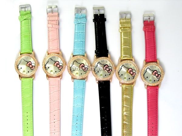 New Fashion Lovely Green HelloKitty Crystals Stone Quartz Wrist Watch 