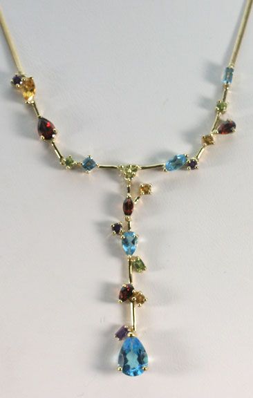 BEJEWELED 5CT MULTI COLOR GEM 10K YELLOW GOLD BOUGH DANGLE NECKLACE 