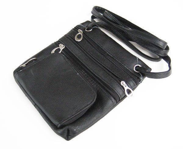 Black Cow Leather Passport Travel Shoulder Bag Pouch  
