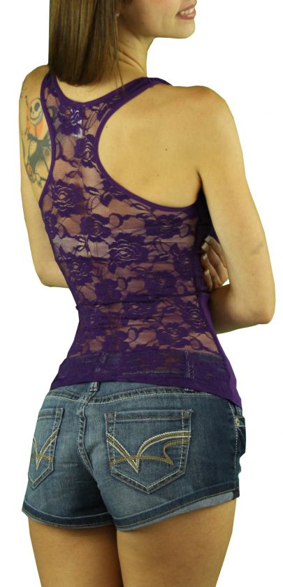   Lace Sheer Back Fishnet Front Sexy Tank Top Comfy Shirt Sleeveless 308
