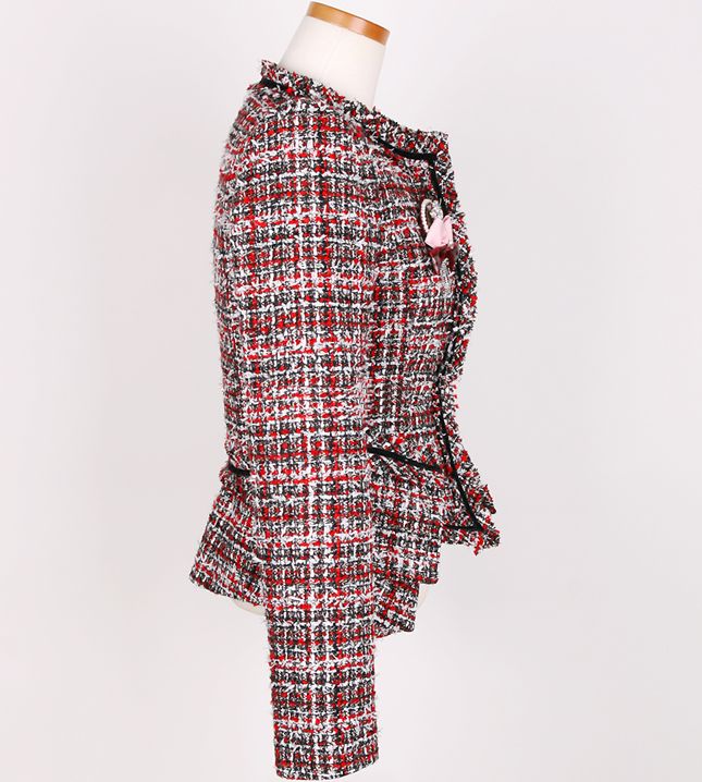 Runway Luxury CoCo Pocket Layered Detail Red/Black Wool Tweed Blazer 