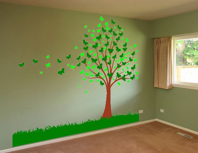 Butterfly Tree and Grass Deco Vinyl Wall Decal Sticker  