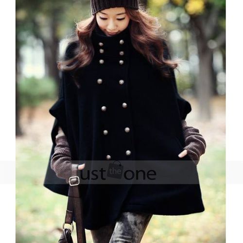 Women Ladies Princess Wool blend Double breasted Poncho Cape Jacket 