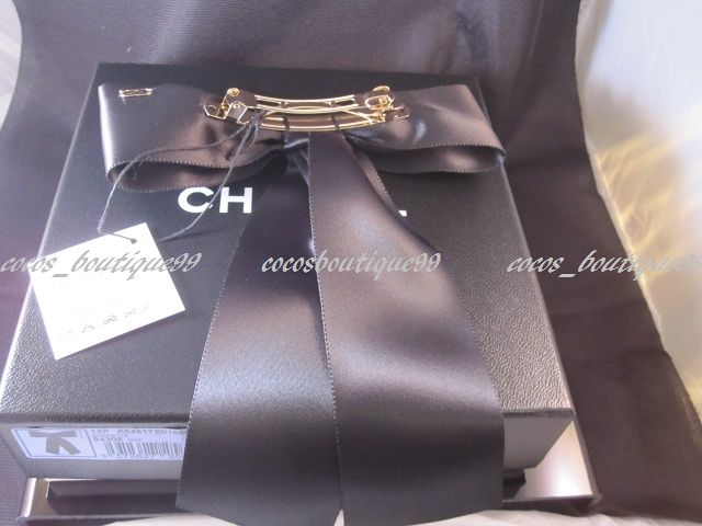 Auth CHANEL Black Satin Huge Bow Gold CC Logo Hair Barrettes Clips NEW 