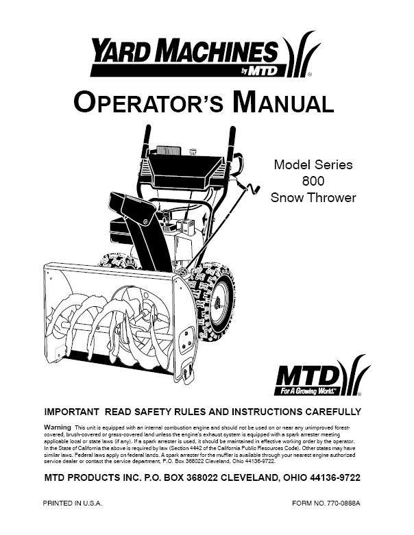 Yard Machines MTD Snow Blower Thrower Owners Manual  