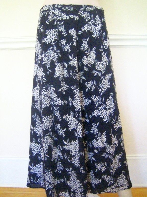   PETITES Dark Navy Silk White Floral Print NEW A line Skirt 8P  