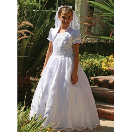 Angels Garment Girls Size 8 White Satin Embroidered Communion Dress 